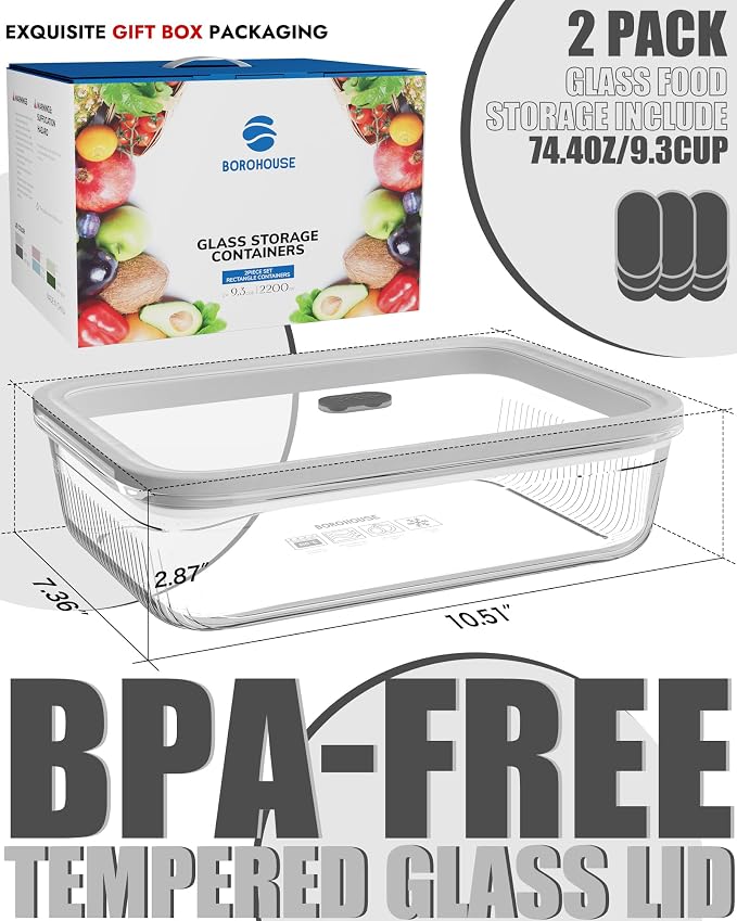 2 Pack Glass Food Storage Containers with Tempered Glass Lids & Steam Valve, 74oz(9.3 Cup) Airtight Leak-Proof Meal Prep Containers for Microwave/Oven/Freezer, Borosilicate Glass, Gift Box