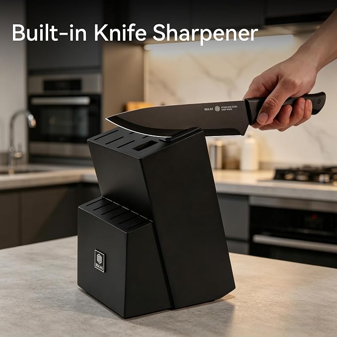 15-Piece Kitchen Knife Set with Block and Built-In Sharpener, Black | High-carbon stainless steel blades, nonstick coating, ergonomic handles and dishwasher-safe care
