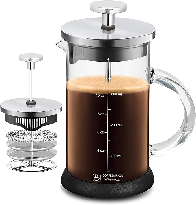 French Press Coffee Maker 12 Ounce Espresso Tea Coffee Maker with 4 Filters System, Stainless Steel Plunger and Heat Resistant Borosilicate Glass BPA-Free Brewed Tea Pot Coffee Plunger(Silvery 12oz)