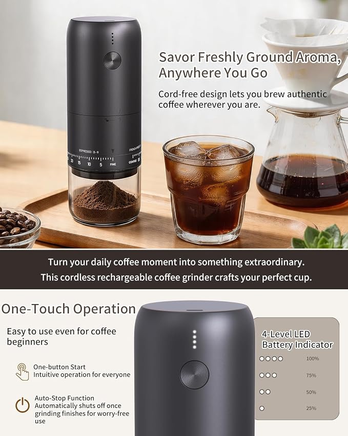 CIRCLE JOY Rechargeable Electric Burr Coffee Grinder Portable Cordless Coffee Bean Grinder with Stainless Steel Conical Burr, 90-Level External Adjustment and Battery Indicator Light, Black