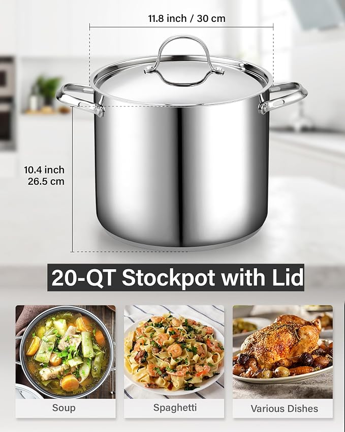 Cooks Standard Commercial Grade Stock Pot - Jumbo Deep Stainless Steel Pot | 20 Quart Stainless Steel Stock Pot with Lid, Heavy Duty Large Cookware for Batch Cooking, Broth, Lobster Boils, and Catering