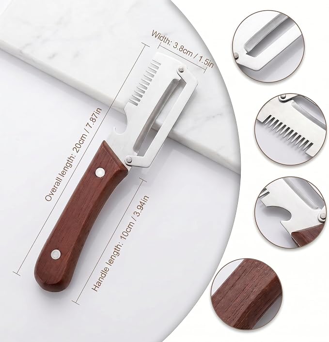 Multifunction Vegetable Peeler with Bottle Opener, 2PCs 3 in 1 Peeler | Durable Stainless Steel Blade, Ergonomic Wooden Handle, Easy to Peeling, Shredding, Open Bottles, easy to clean and store