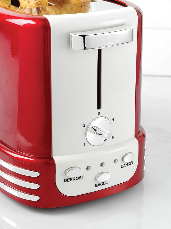 Nostalgia New and Improved Wide 2-Slice Toaster Perfect For Bread, English Muffins, Bagels, 5 Browning Levels, With Crumb Tray & Cord Storage, Retro Red