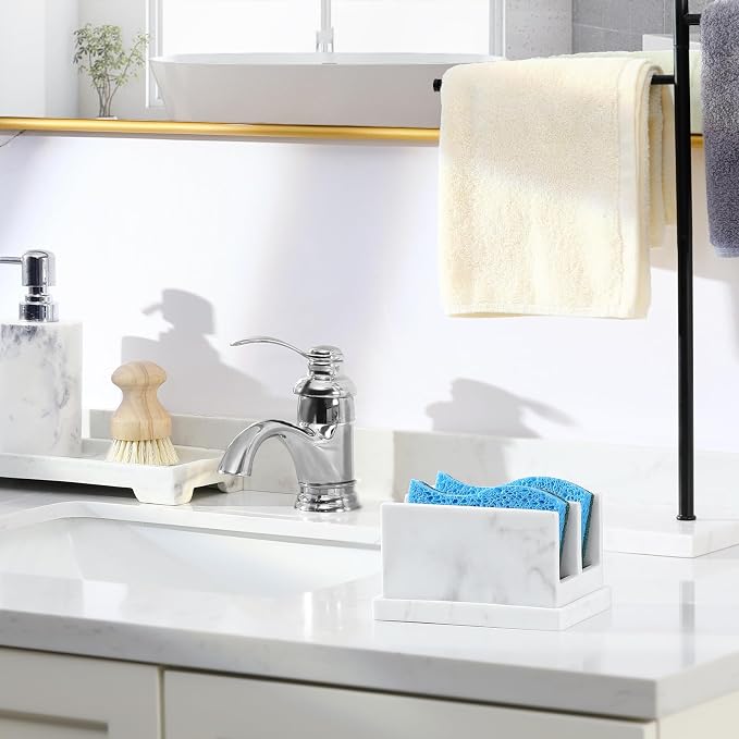 Luxspire Kitchen Sponge Holder wtih Drain Tray, 2 Compartment, Gravel White | Diatomite Stone Material, Quick-Drying & Water Absorbing stone dish sponge, For Kitchen Sink Counter, Easy to Maintain