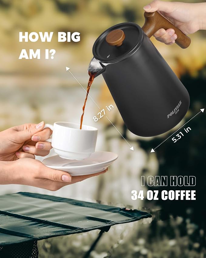 POLIVIAR French Press Coffee Maker, 34 oz | Real Wood Handle, Double Wall Insulation, Dual-Filter Screen, Food Grade Stainless Steel, For Coffee and Tea, Black