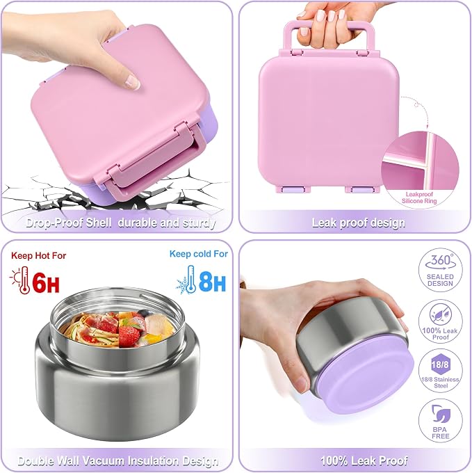 Kids Bento Lunch Box with 9oz Soup Thermo Leakproof Lunch Food Containers 4 Compartment with Insulated Hot Food Jar for Kid Toddler Girls Boys to School Trvael