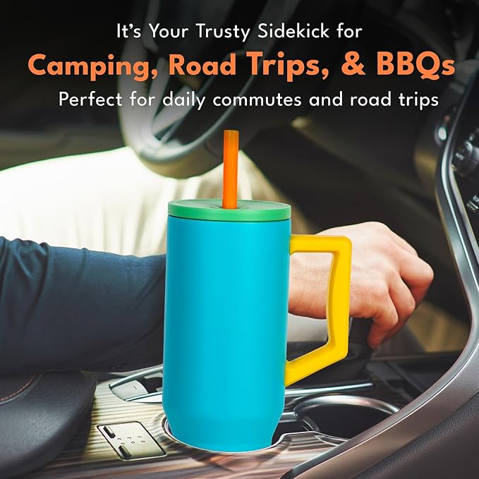 Elemental Spill Proof 40oz Insulated Tumbler with Handle & Straw Travel Mug | Stainless Steel Commuter Travel Coffee Mug for Cold Beverages, Includes 2 Straws & a Spill Proof Lid for Everyday Use