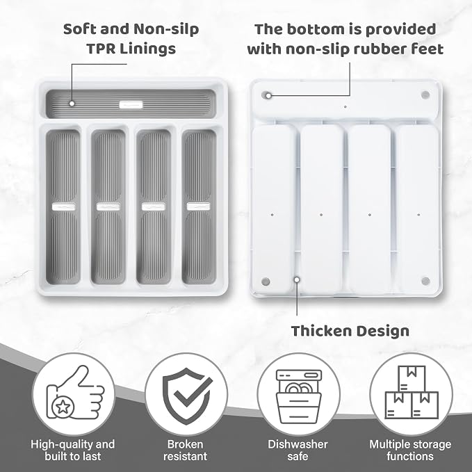 5-Compartment Silverware Organizer Tray with Icons for Kitchen Drawer | Non-slip TPR Linings，5-Compartment，High-quality Plastic，Fits Well In Standard Drawers，With Cutlery Icons