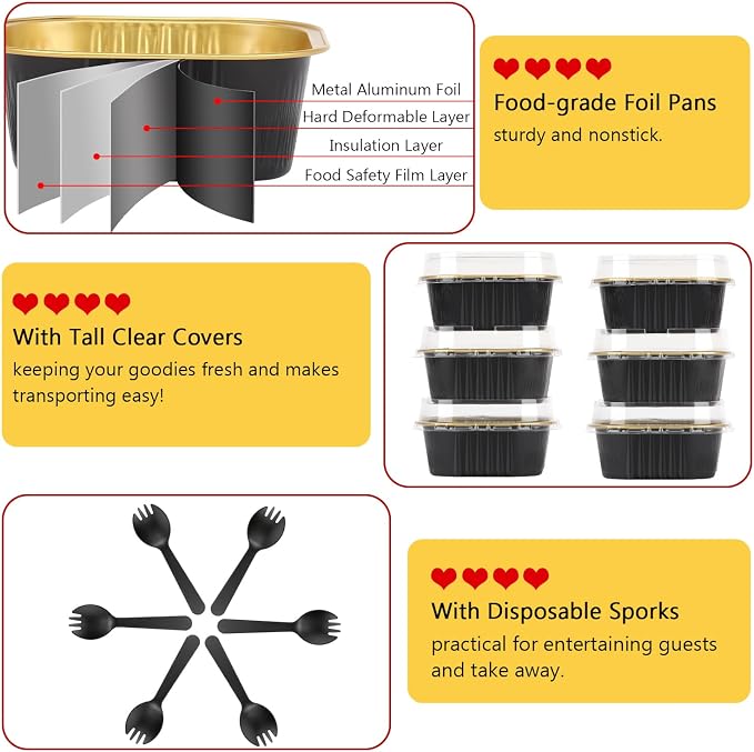 LNYZQUS 10oz Mini Cake Pans with Lids, Small Cinnamon Roll Containers | 40 Pack, Individual, Black, Disposable, Aluminum Foil, Square Baking Tins, 4 Inch Dessert Cups for Bake Sale Treats