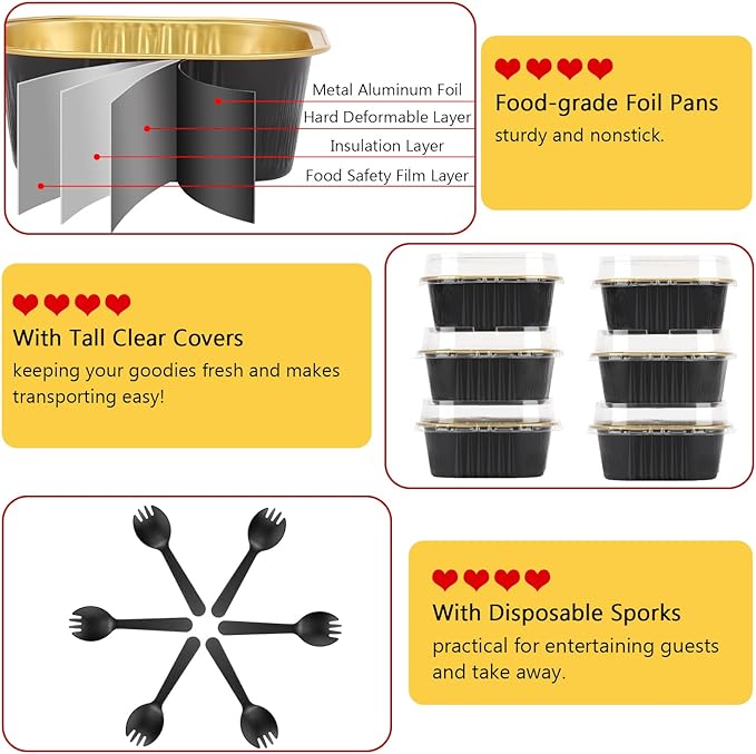 LNYZQUS 120 Pack 10oz Mini Cake Pans with Lids and Spoons for Bake Sales | Disposable, 4x4 Square Baking Tins, Individual Cinnamon Roll Containers, Small Foil Dessert Cups for Farm Stand, Black