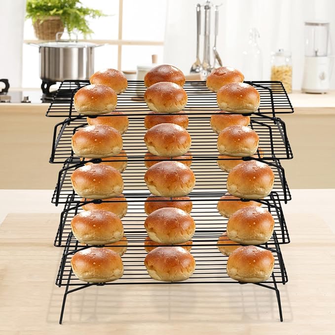 Leonyo 5-Tier Collapsible Cooling Rack for Cooking and Baking, 15 x10 Inch | Stainless Steel Baking Cooking with Foldable Feet, Non-toxic Coating & Heat-resistant up to 575℉, Black