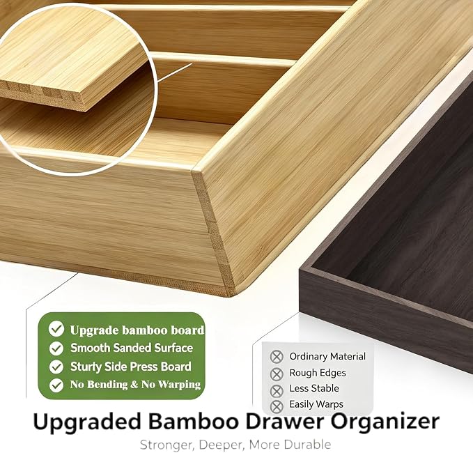 Large Expandable Silverware Organizer | 2.5" High,DIY Partition,Premium Bamboo Cutlery Tray Flatware Holder