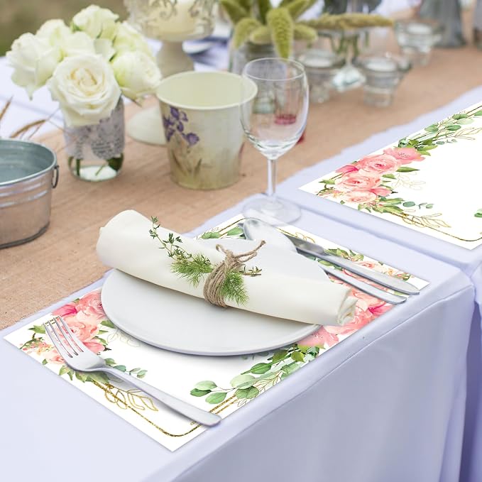 Paper Placemats Disposable 50 Pack Floral Placemat Disposable | Spring Summer Decorative Paper Table Mat for Wedding Anniversary Bride Birthday Party Supplies - Pink Rose