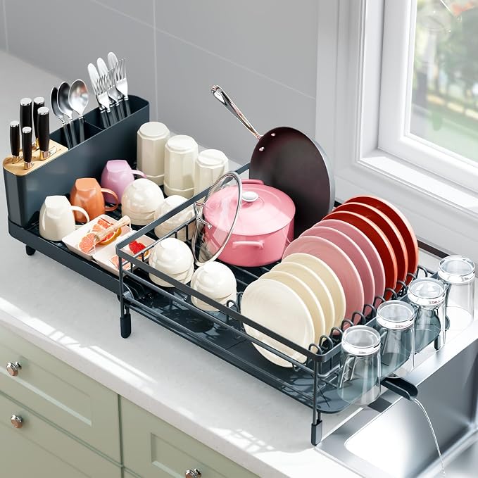 Urackify Extendable Dish Rack, 18.5"-26.7" L x 12.7" W, Dark Slate Gray | Multifunctional large dish rack with cup holder and built-in cutlery holder for versatile drying needs
