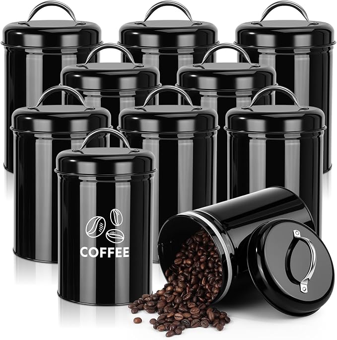 LemonRoad 10 Pack Metal Food Canisters 48 oz Airtight Handle Lid Black | Farmhouse Kitchen Jars for Coffee Tea Sugar Flour Cookies, Pantry Countertop Storage Containers, Airtight Seal