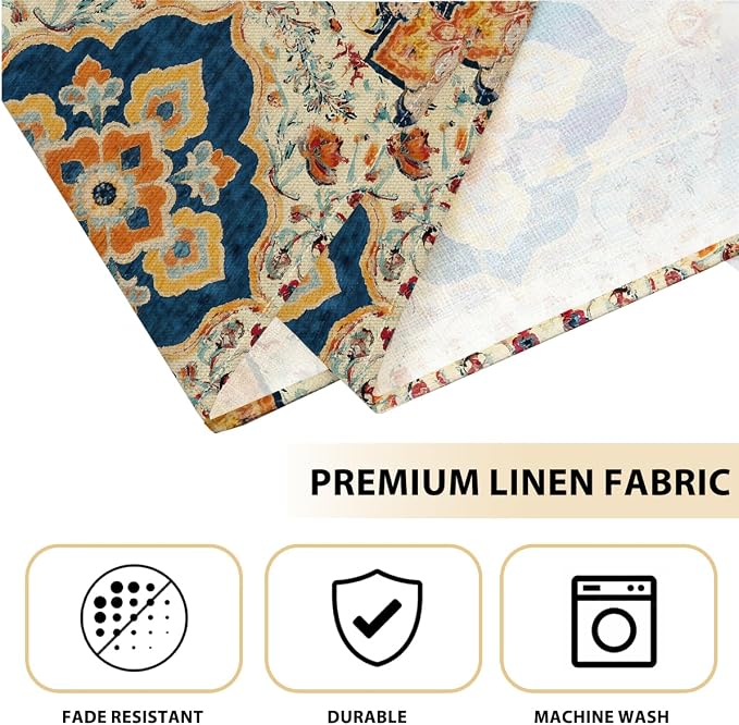 Vintage Boho Placemats, Deep Navy Blue Orange Flowers Bohemia Table Mats | Washable Heat Resistant Linen Fabric Place Mats for Kitchen Home Party Dining Decoration, Christmas Festiva Decoration