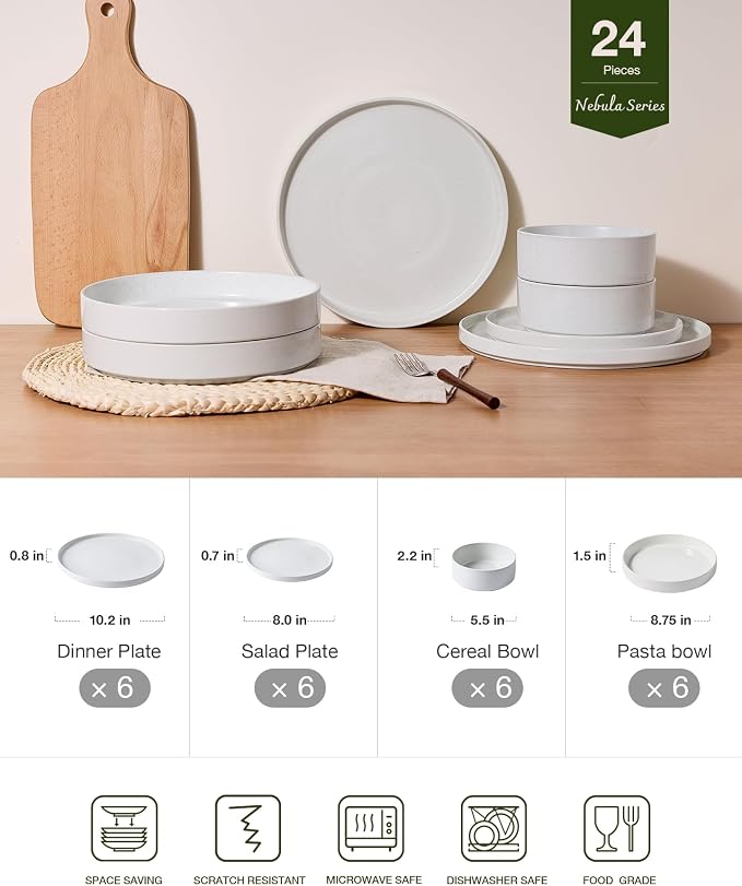 Famiware Nebula 24-Piece Dinnerware Set with Pasta Bowls, White | Stoneware Plates and Bowls, Service for 6 - Chip & Scratch Resistant, Microwave & Dishwasher Safe