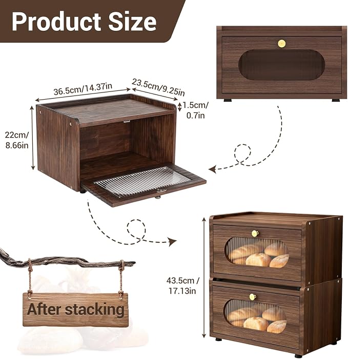 Garvee Bread Box for Kitchen Countertop, Wooden Breadbox Holder Container, Small Vintage Counter Top Breadbox, Farmhouse Stackable Organizer Bin for Homemade Food Shelf Acrylic Window Brown