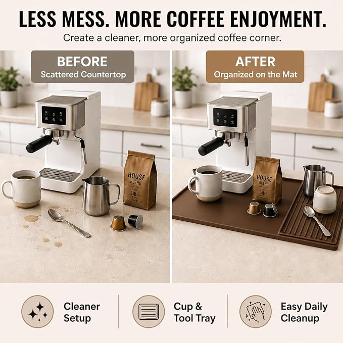 Silicone Coffee Mat 24 x 16 in with Tray, Classic Coffee Brown | Coffee bar mat for countertop use, coffee station mat or coffee machine mat with removable tray and 0.47 in raised rim.