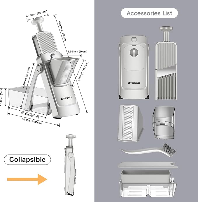 Safe Mandoline Slicer for Kitchen, Vegetable & Food Cutter, Easy to Clean | Safe Mandoline Slicer for Kitchen, Rapid Prep Veggie Slicer Cutter/Onion Slicer, Free Grater/Cleaning Brush (SliverGray)