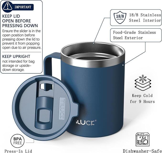 TILUCK 12 oz Insulated Coffee Mug with Lid and Handle | BPA-Free Lid, Double-Wall Vacuum Insulation, Stainless Steel Coffee Cup, Dishwasher Safe Mug for Hot & Cold Drinks, DarkBlue