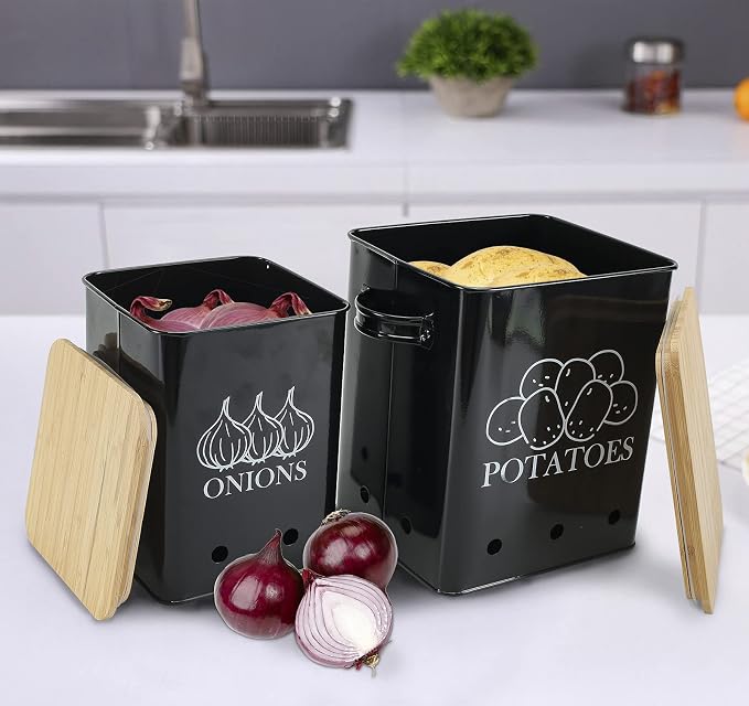 Kitchen Vegetable Storage Tins Set of 2, Onion and Potato Storage Bins with Wooden Lid and Aerating Holes, Garlic Bin Caddy, Vintage Kitchen Decor, Black