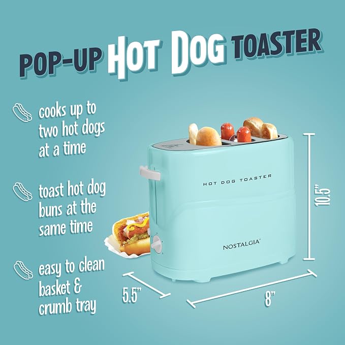 Nostalgia Pop-Up 2 Hot Dog and Bun Toaster With Mini Tongs, Works with Chicken, Turkey, Veggie Links, Sausages and Brats