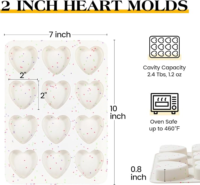 2 Inch Small Heart Shaped Silicone Molds for Chocolate, Candy, Cake, Soap (Set of 2, Cream)