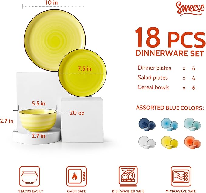 Sweese Plates and Bowls Sets, 18 Piece Dinnerware Set Porcelain Round Dinner Set for 6, Scratch Resistant Dishes Set, Dishwasher Oven Microwave Safe Handpainted Swirl Dishware Sets, Assorted Colors