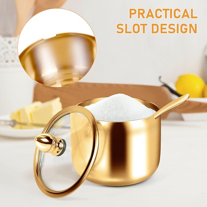 holoith 2 Pcs Coffee and Sugar Dispenser with Tray, Gold | 10 oz Sugar Bowl, Glass Lid and Spoon, Coffee Bar Accessories, Kitchen Storage for Salt, Coffees Bean, Brown Sugar Cubes