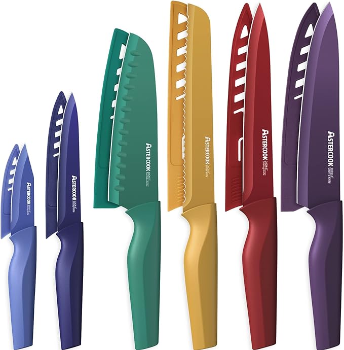 Astercook Knife Set, 12 Pcs Color-Coded Kitchen Knives Set, 6 Color Anti-Rust Coating Stainless Steel Chef Knife Sets with 6 Blade Guards Dishwasher Safe Fathers Day Gift for Men