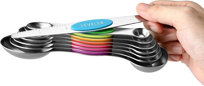 Spring Chef Stainless Steel Magnetic Measuring Spoons Set of 8, Neon | Dual Sided Metal Teaspoon & Tablespoon Measuring Spoons w/ Leveler for Dry & Liquid Ingredients, Fits in Kitchen Spice Jars