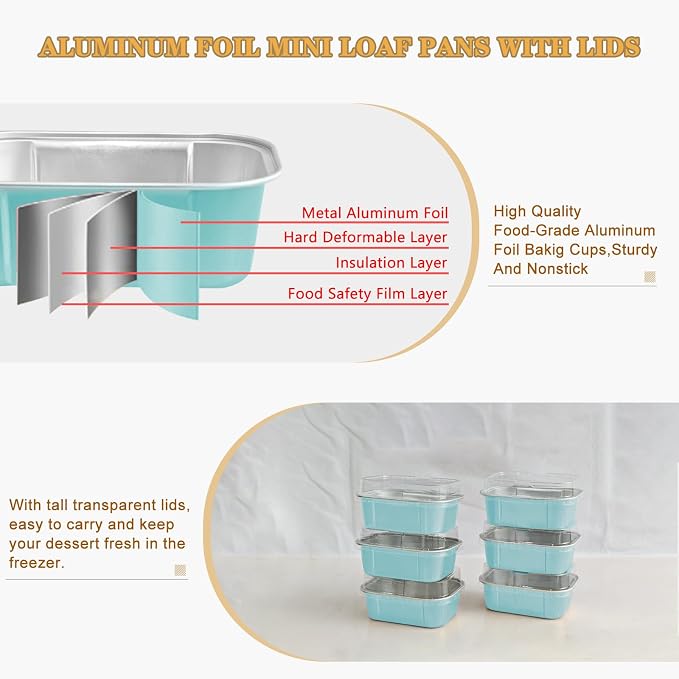 Mini Loaf Pans With Lids And Spoons 50 Pack,5.5 Oz Rectangle Mini Individual Cake Tins Disposable Small Aluminum Foil Baking Pans(50, Wathet)