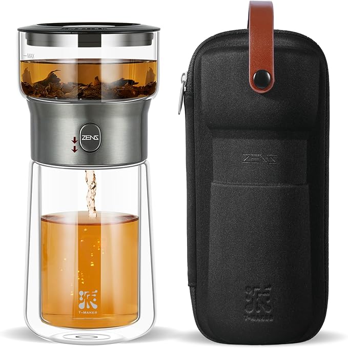 ZENS Modern Tea Infuser Teapot, One Touch Tea Maker for Loos Leaf Tea | Glass Magic Tea Pot, Mess free Tea Steeper with Insulated Mug, Portable Tea Infuser with Case for Tea Lovers