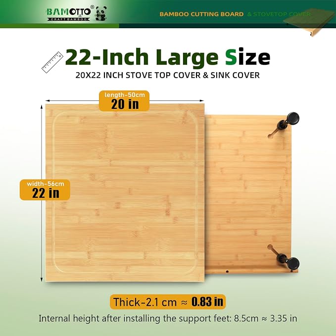 BAMOTTO CRAFTBAMBOO 20 x 22 Inch Large Bamboo Cutting Board — Stovetop Cover, Over the Sink Board, Noodle Board with Detachable Legs & Non-Slip Lip, Juice Groove for Kitchen Countertop
