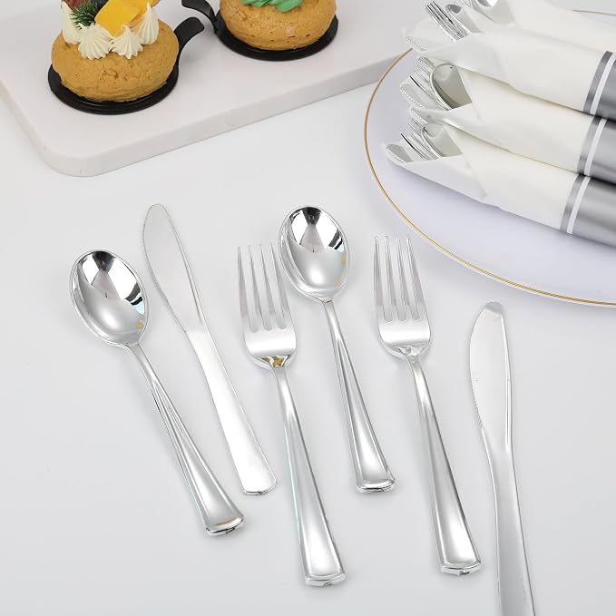120 Pack Silver Plastic Silverware Wrapped Cutlery Set with Napkin | Heavy Duty Pre Rolled Disposable Silver Cutlery Wrapped Plastic Utensils for Wedding, Birthday, Party & Catering