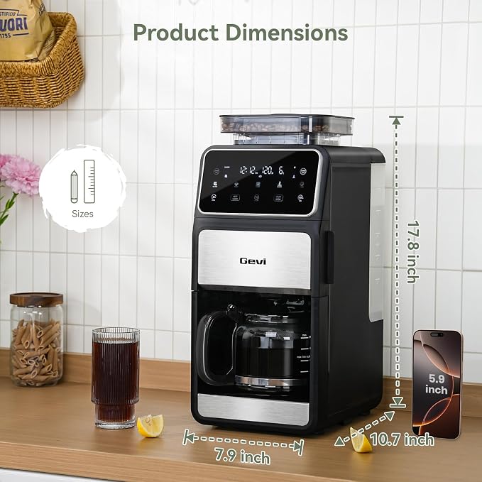 Gevi 10-Cup Grind & Brew Drip Coffee Maker with Built-In Burr Grinder | 24-Hour Programmable Timer, Touch Screen Control, 4-Hour Warm Plate, Permanent Filter with Original Glass Coffee Carafe