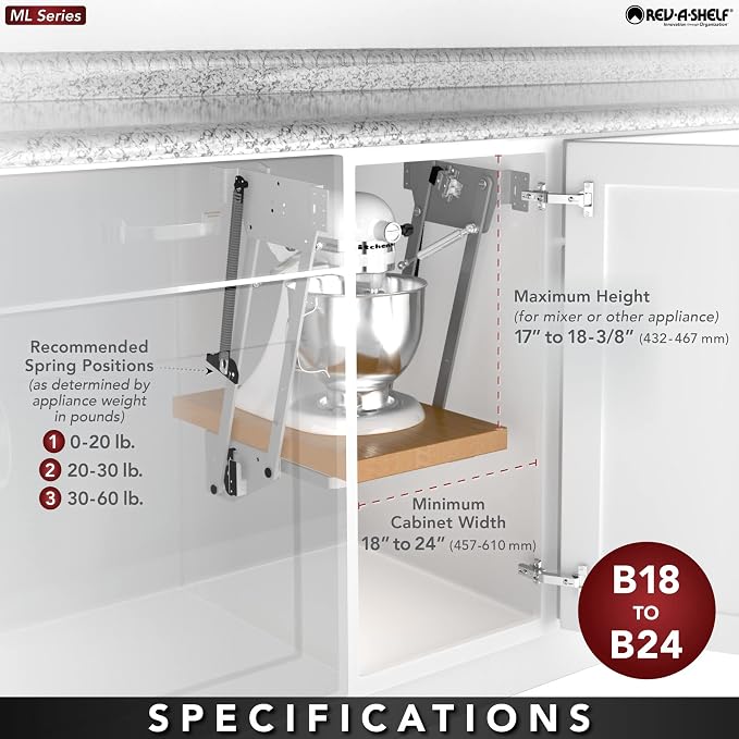 Rev-A-Shelf Heavy-Duty Stand Mixer Lift for Kitchen Base Cabinets | Zinc - Spring-Loaded Lifting System for Small Countertop Appliance Storage, Min Opening Width of 12, RAS-ML-HDCR