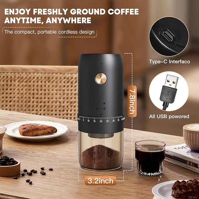 Portable Electric Coffee Grinder, 40 Settings, Conical Burr, USB-C, Black | CNC420 stainless steel burr grinds 15 g in 2 minutes, stops automatically, and comes apart for easy cleaning at home or away