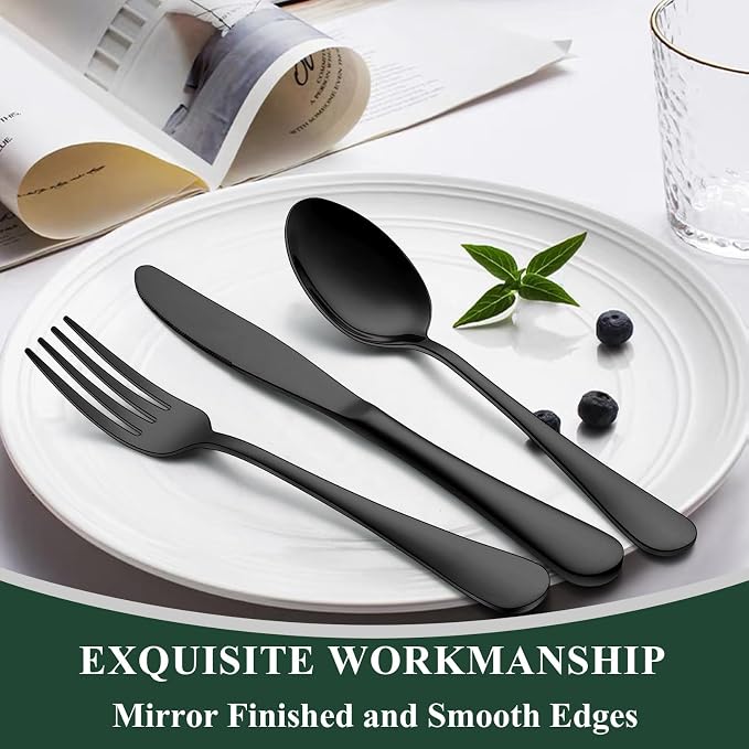 Wildone 60-Piece Black Silverware Set, Stainless Steel Flatware Cutlery Set Service for 12, Tableware Eating Utensils Include Knives/Forks/Spoons, Mirror Polished, Dishwasher Safe