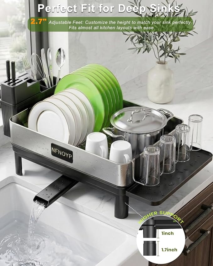 304 Stainless Steel Dish Drying Rack for Kitchen Counter, Black | Large Capacity Rustproof Dish Rack with Auto Drain Spout, Removable Utensil & Cup Holders, Drainboard Set