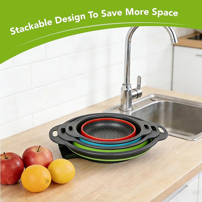 Collapsible Colander Set of 3 with Kitchen Counter Self-draining Base, Round Silicone Food Foldable Strainer for Cooking Pasta, Vegetables and Fruit (3QT, 4QT and 5QT)