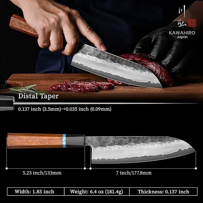 7 Inch Japanese Santoku Knife, Hand Forged VG10 Chef Knife | 3-Layer Steel, Ultra Sharp Lightweight for Effortless Meat & Vegetable Prep, Octagonal Handle, Kurouchi Finish, Wood Gift Box