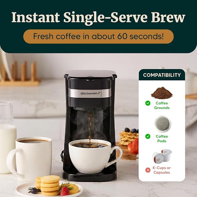 Elite Gourmet EHC113 Personal Single-Serve Compact Coffee Maker, Black | Includes 14oz stainless steel interior thermal travel mug, reusable filter - compatible with coffee grounds