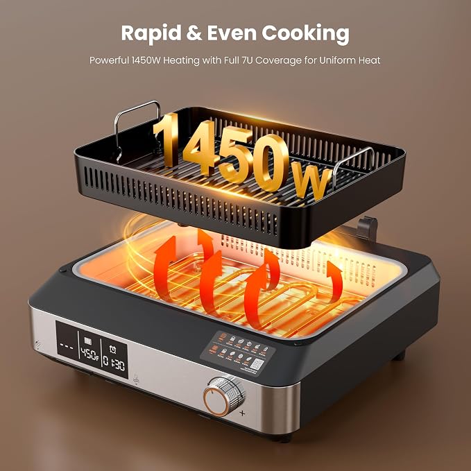 Kismile 2-in-1 Smokeless Electric Grill,Digital Display,Meat Probe,Nonstick | Indoor Grill and Griddle Combo,Dishwasher Safety,Temperature Control for Steak, Pancakes, Bacon