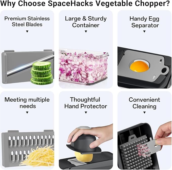 15-in-1 Vegetable Chopper with 10 Blades, Food Veggie Cutter, Gray | Includes Egg Separator, Food Container and Finger Guard, Non-slip Base, for Chopping, Slicing, Shredding, and Mincing