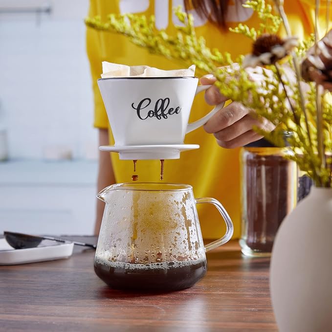 DAYYET Pour Over Coffee Maker, Ceramic Coffee Dripper, Easy Manual Slow Brewing Accessories for Home, Cafe, Coffee Bar Accessories and Kitchen Decor, Filter Size 2, White