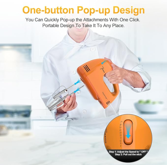 LILPARTNER Hand Mixer Electric, Ultra Power Kitchen Hand Mixer With 7-Speed & 5 Stainless Steel Accessories for Whipping Dough, Cream, Cake, Dishwasher Safe, Light Orange