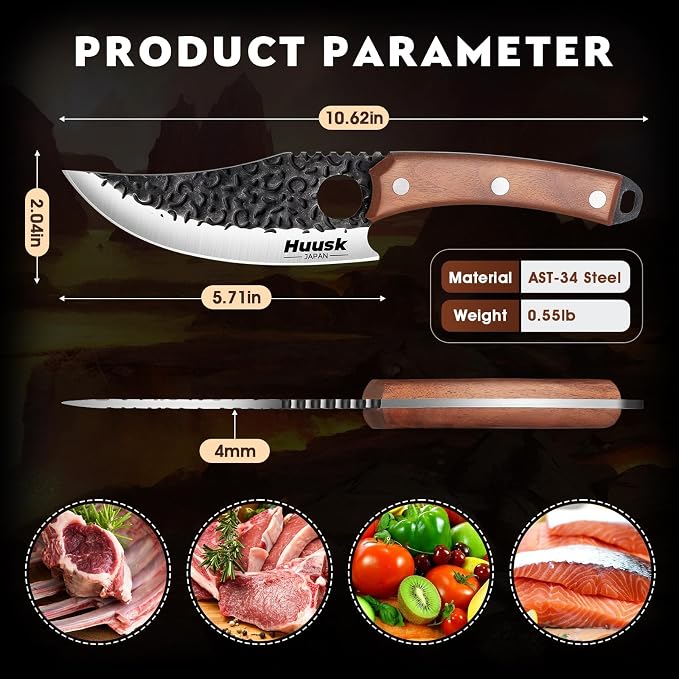 Huusk Viking Knife with Leather Sheath, Hand Forged Chef Butcher Knives | Razor-sharp Japanese Carbon Steel Meat Cutting Knife with Wood Handle for BBQ, Camping & Kitchen, Cooking Gifts for Men & Dad