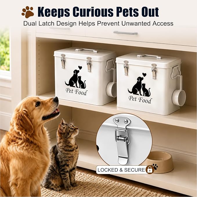 Vivifying Airtight Metal Dog Food Storage Container with Scoop, 13 lb | Sealing Ring and Double Locks Keep Dog Treats, Cat Treats, Cookies and Dry Pet Food Fresh, Secure and Organized, White